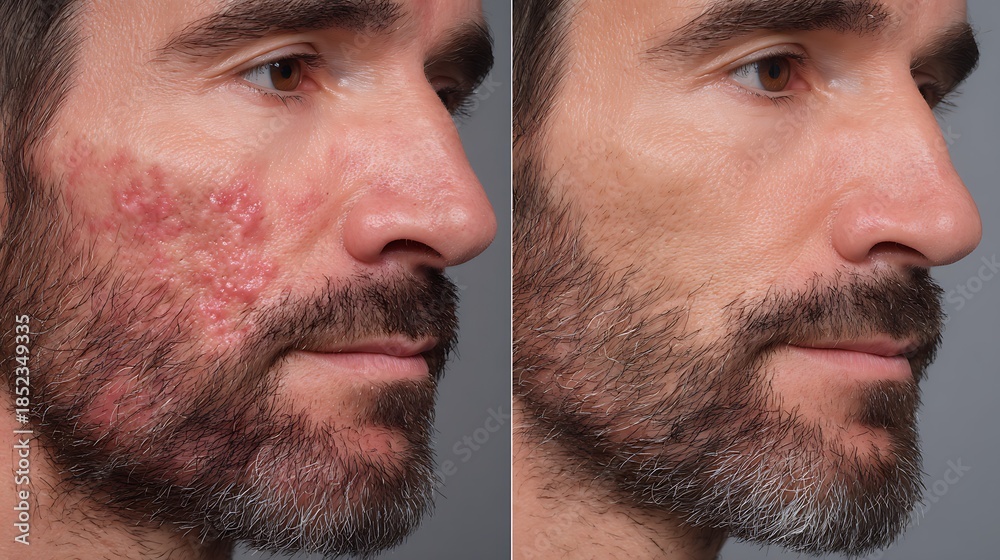 Fototapeta premium before-after men shaving irritation, red stressed skin vs calm balanced skin,