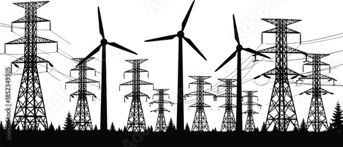 Renewable energy and power transmission silhouette vector illustration, wind turbines with high voltage electricity pylons, sustainable infrastructure concept, modern energy grid landscape