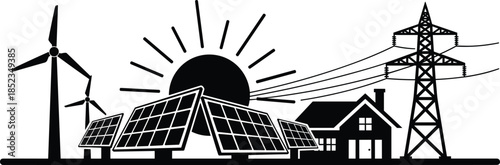 Renewable energy home with solar panels, wind turbines and power transmission tower, sustainable electricity generation concept, black silhouette vector illustration for clean energy design