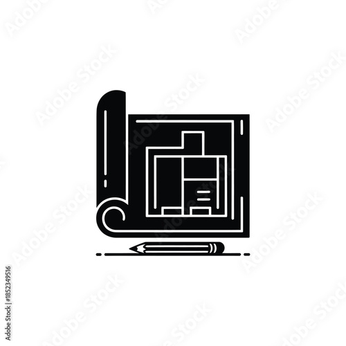 Black Architectural Blueprint On Paper with Pencil Detail on Transparent Background