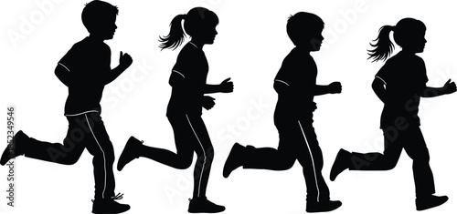 Running children silhouettes set, boys and girls jogging motion, active kids sport concept, healthy lifestyle activity, black flat vector illustration, isolated on white