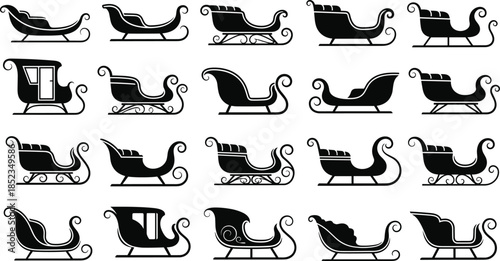 Santa sleigh silhouettes collection vector illustration set showing different vintage Christmas sled designs, holiday transportation icons, black isolated shapes on white background