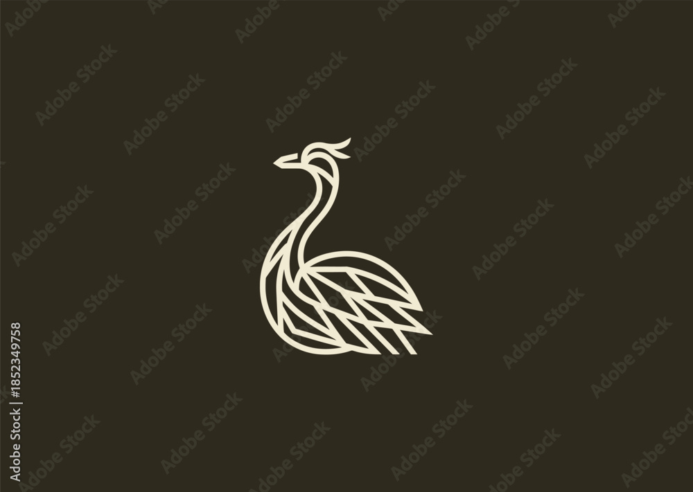 Fototapeta premium A geometric simple line ostrich logo with long neck and minimal angular strokes, expressing speed, height, and elegance through clean linear form
