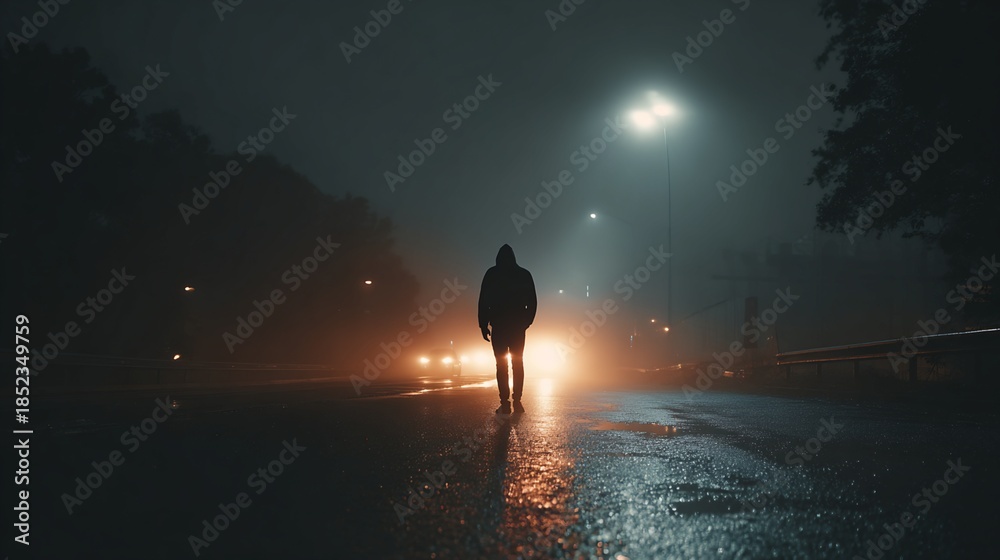 Fototapeta premium Silhouette of Individual Walking on Wet Road Under Streetlights at Night Moody Street Photography, Foggy Weather, Cars in the Distance, Dark Atmospheric Scene