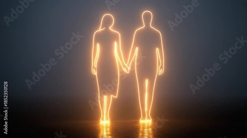 Illuminated Union: A glowing, ethereal image of a couple holding hands, their outlines shimmering against a dark background, radiating themes of connection and unity.