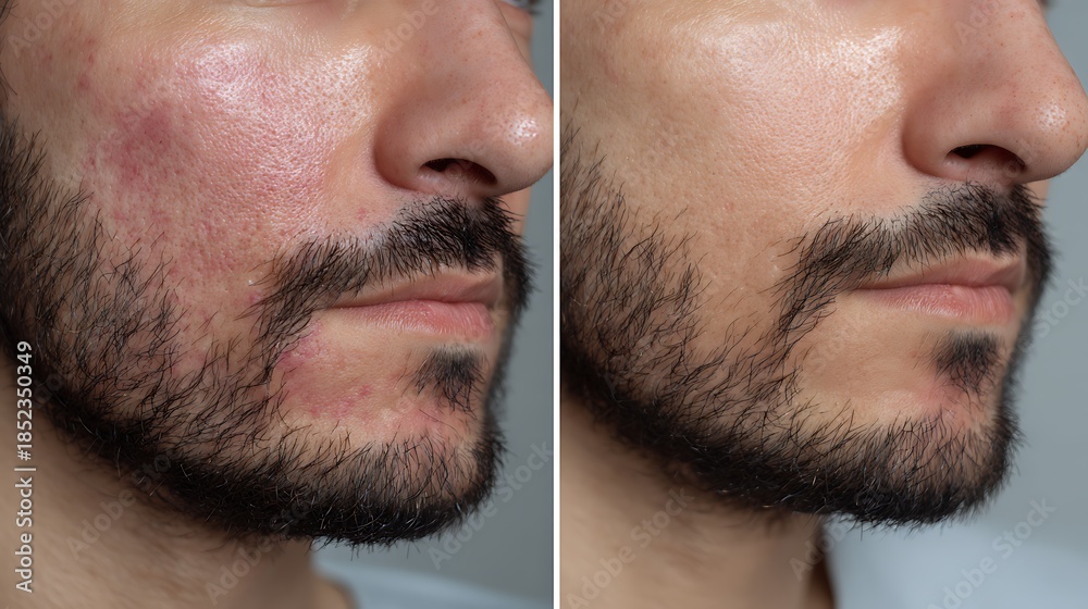 Obraz premium before-after redness after daily shaving, inflamed men skin vs even tone