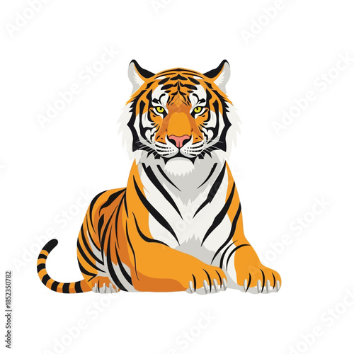 A majestic tiger is calmly resting in a seated position facing forward