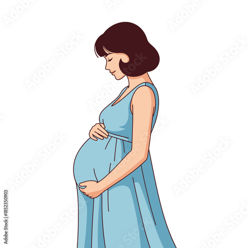 A pregnant woman gently cradling her baby bump in a light blue dress