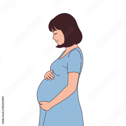 A pregnant woman lovingly cradling her baby bump in a serene illustration