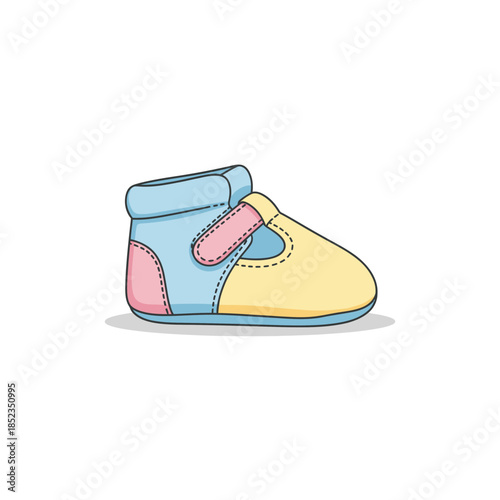 A colorful illustration of a baby shoe with velcro closure and soft design