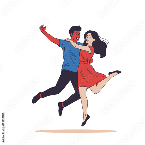 A joyful couple dances with exuberance caught in a moment of playful connection