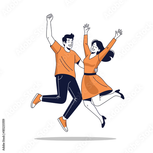 Joyful couple leaping in the air celebrating a happy moment together