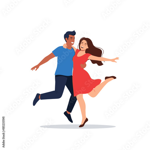 Joyful couple dancing and leaping with happiness in a vibrant illustration