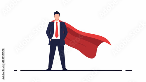 Businessman superhero with red cape standing confidently.
