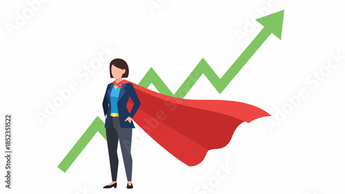 Businessperson superhero with red cape standing before rising chart.
