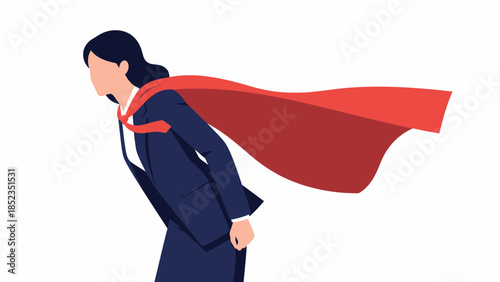 Businesswoman superhero figure wearing red cape.