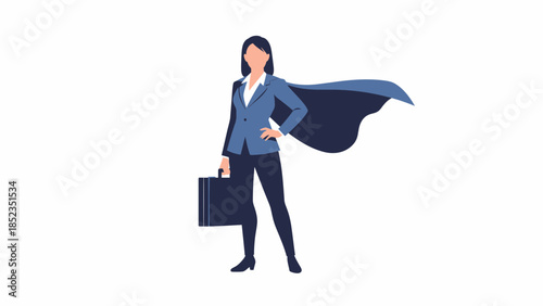 Businesswoman superhero with cape and briefcase.