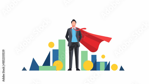 Cape Wearing Businessman Superhero Poses Confidently.
