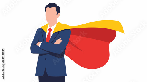 Cartoon Superhero Businessman With Cape Standing Confidently.