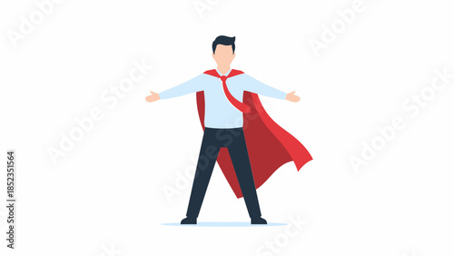 Cartoon Superhero With Red Cape Posing Heroically.