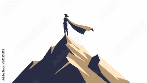 Climber standing on rugged mountain summit holding flag.