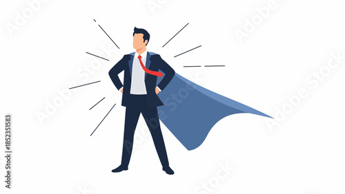 Confident businessman superhero in cape striking pose.