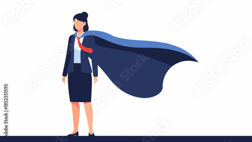 Confident businesswoman with blue cape in superhero pose.