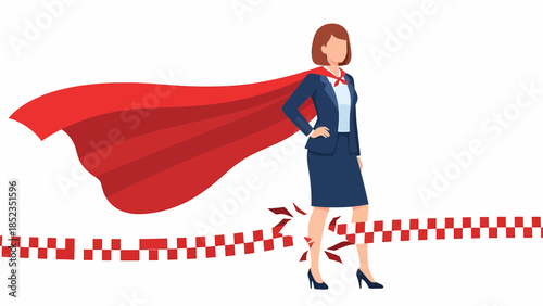 Confident businesswoman with red cape in hero pose.