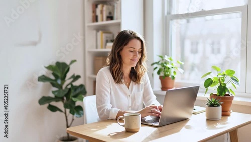 Smiling Woman Working on Laptop in Bright Home Office with Plants