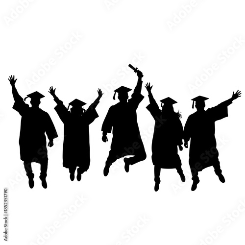 Celebrating success Silhouette of five graduates jumping with joy and excitement