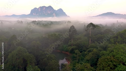 Early morning unveils the mystical beauty of Khao Sok, Thailand, as mist rolls over lush forests and majestic mountains. A serene lake reflects the vibrant landscape, creating a tranquil atmosphere.