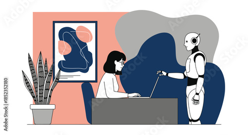 Human and robot collaboration in modern office. Flat vector illustration of woman working on laptop with AI robot assistant, future of work concept.