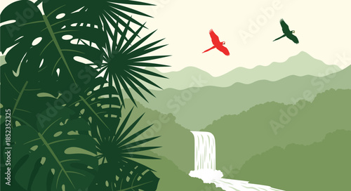 Tropical jungle landscape with waterfall and flying parrots. Flat vector nature background with green mountains, palm leaves, and rainforest scenery.
