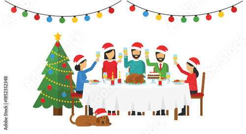 Christmas dinner party with friends and family. Flat vector illustration of people toasting at a festive table with food, decorated tree, dog, and holiday lights.