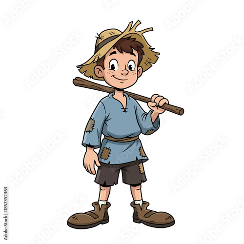 Cartoon depiction of a young boy with a straw hat and carrying a stick