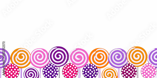 Colorful swirl lollipops arranged in a repeating pattern along a white background