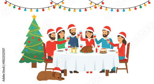 Christmas dinner party with friends and family. Flat vector illustration of people toasting at a festive table with food, decorated tree, and holiday lights.