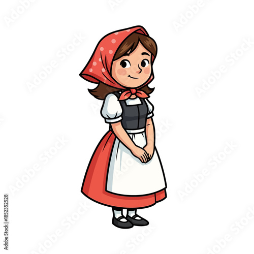 Cartoon illustration of a young woman in traditional rural clothing
