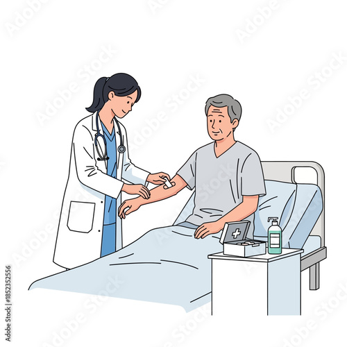 Doctor examining a senior patient in a hospital bed with medical equipment
