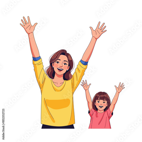 Joyful mother and daughter celebrating with arms raised in happiness