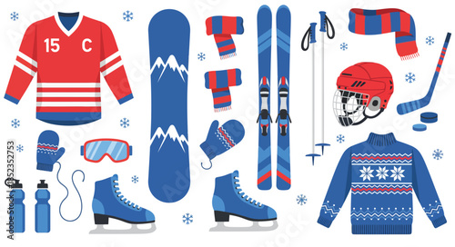 Winter sports equipment set. Flat vector collection of skiing, snowboarding, ice hockey, and skating gear including clothing, helmet, and accessories.