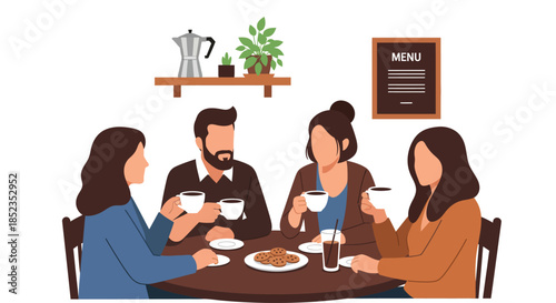 Group of friends drinking coffee and talking in cafe. Young people sitting at table with cookies. Men and women meeting in coffee shop. Flat vector illustration.
