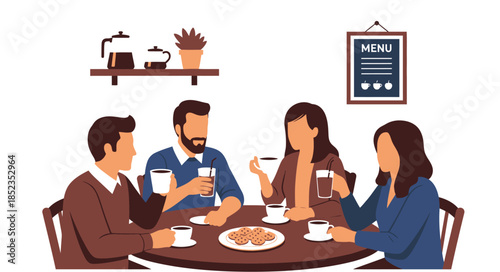 Group of friends drinking coffee and talking in cafe. Young people sitting at table with cookies. Men and women meeting in coffee shop. Flat vector illustration.