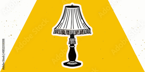A simple illustration of a fringed table lamp on a yellow background