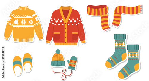 Winter clothing set vector illustration. Cozy warm knitwear collection featuring sweater, cardigan, scarf, socks, hat, and mittens. Flat sticker design elements isolated on white background.