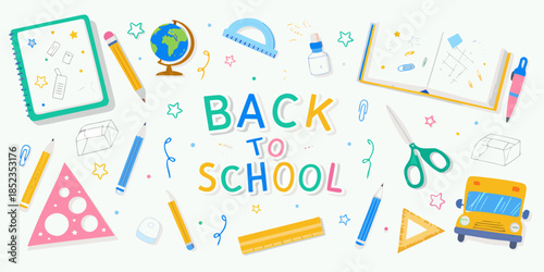 Colorful back to school supplies arranged in a playful and creative composition