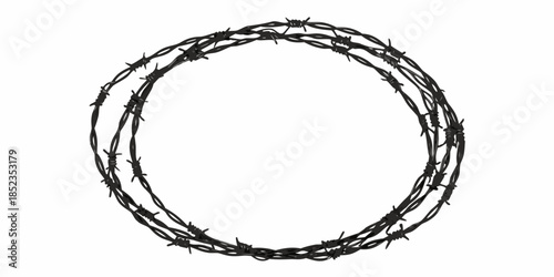 A circular arrangement of coiled black barbed wire against a white background