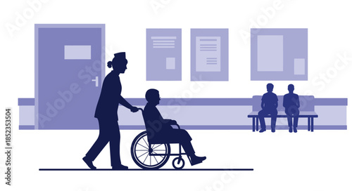 Nurse pushing patient in wheelchair at hospital corridor. Medical staff assisting elderly person. Healthcare, clinic, and medicine concept vector illustration.