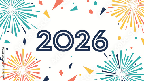 Colorful graphic illustration for a Happy New Year social media post in 2026 with vibrant fireworks and confetti against a clean white background.
