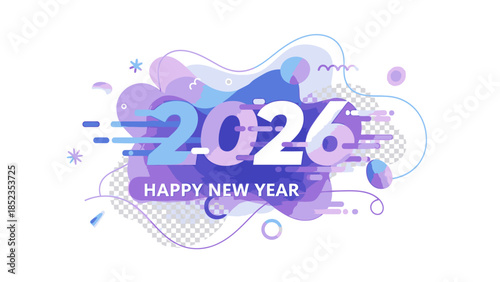 Vibrant graphic design for a Happy New Year 2026 social media post with purple and blue swirls on a white background.